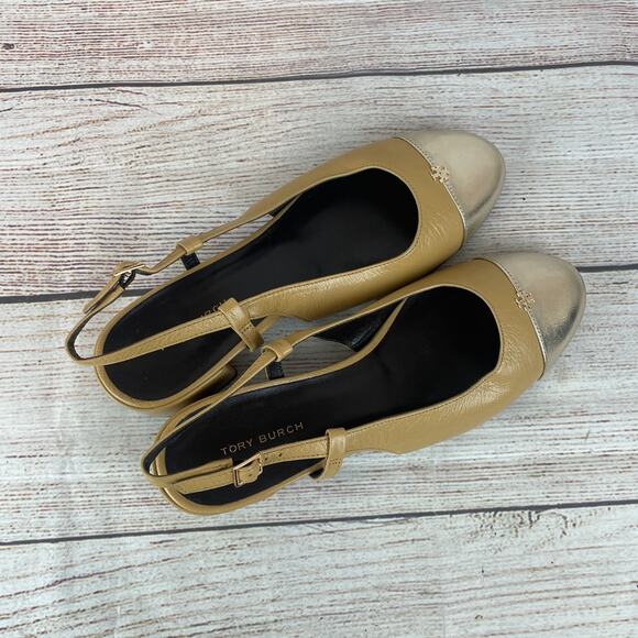 Tory Burch Cap-Toe Womens Sz 7M Slingback Heels Ginger Shortbread Spark Gold - Picture 7 of 9